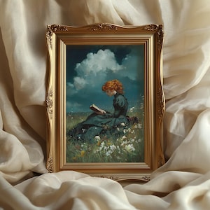 May include: A framed painting depicts a person with red hair reading a book in a field of wildflowers. The artwork is set against a backdrop of a cloudy sky. The frame is gold with ornate detailing.