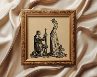 Knight Accolade by Crowned Queen print: Arthurian Romance engraving decor