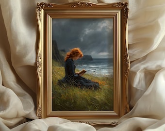 Moody Woman Reading: moody coastal artwork, Victorian Dark Academia Art Print
