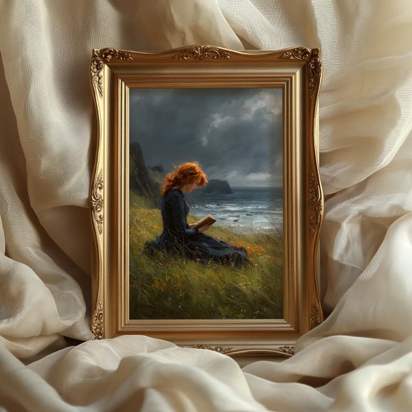 Moody Woman Reading: moody coastal artwork, Victorian Dark Academia Art Print