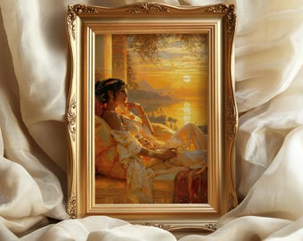 May include: A rectangular gold-toned ornate frame containing a painting of a person in light-colored robes resting on a couch. The scene depicts a sunset over a river with distant pyramids, bathed in warm golden light and soft orange hues.