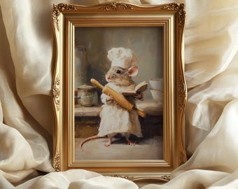 Funny Mouse Chef Oil Painting Print: Cottagecore Kitchen decor