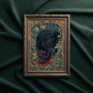 May include: A framed print depicting a black wolf with red eyes, set within a detailed floral design in green, gold, and red hues. The wolf is shown in a predatory stance, enhancing the artwork's dramatic feel. The frame is a dark brown colour.