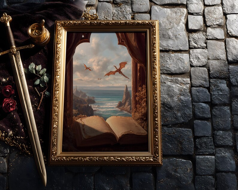 May include: A framed fantasy art print featuring dragons soaring over a coastal landscape with an open book in the foreground. The artwork is in a gold ornate frame. A sword and other decorative items are on the left.