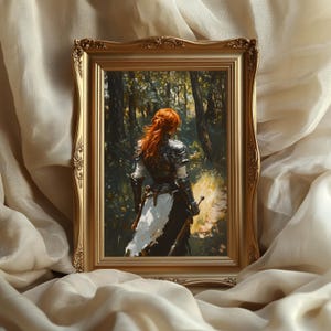 Lady Knight In The Forest Art Print, Medieval Fantasy Wall Art, Dark Academia Wall Decor, Woman Knight Poster, Renaissance Knight Gift
