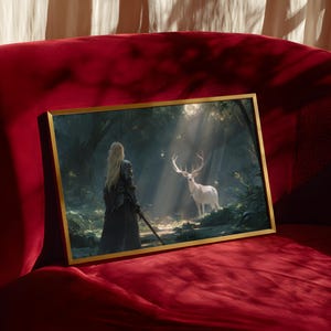 以下が含まれることがあります： 金色のフレームに入ったアートプリント。ファンタジーシーンで、鎧を着た女性と白い牡鹿が日差しの差し込む森にいる。赤いベルベットの表面に展示されている。