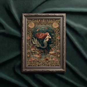 May include: Framed art print featuring a mermaid with flowing red hair, swimming in an underwater scene. The artwork has a detailed, ornate border with floral and seashell motifs. The color palette includes blues, greens, and earthy tones.