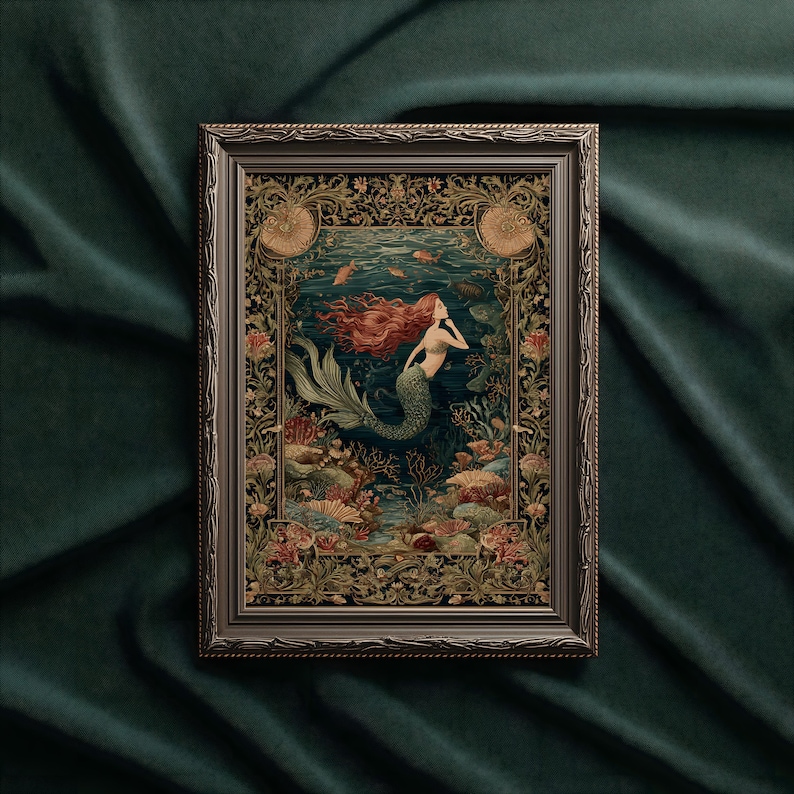 May include: Framed art print featuring a mermaid with flowing red hair, swimming in an underwater scene. The artwork has a detailed, ornate border with floral and seashell motifs. The color palette includes blues, greens, and earthy tones.