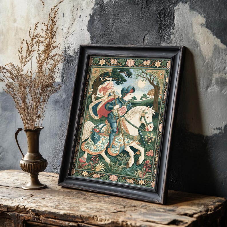 May include: Framed tapestry art featuring a medieval knight on horseback in a colorful landscape. The artwork is framed in a black wooden frame and is leaning against a textured wall. A vase with dried plants is in the foreground.