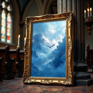 May include: An artwork in an ornate gold frame, depicting a dragon soaring through a cloudy sky. The framed picture leans against a pillar. The image has a fantasy theme, with a blue sky and white clouds.