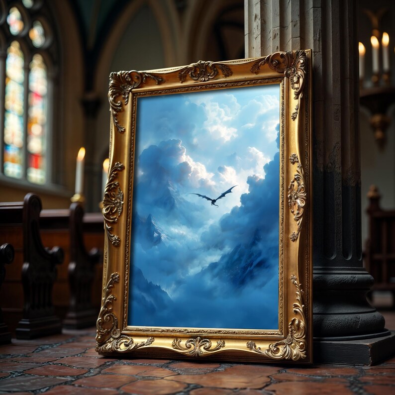 May include: An artwork in an ornate gold frame, depicting a dragon soaring through a cloudy sky. The framed picture leans against a pillar. The image has a fantasy theme, with a blue sky and white clouds.
