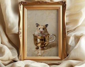 May include: A framed painting featuring a small hamster sitting inside a shiny gold teacup. The artwork is encased in an ornate, rectangular gold frame with intricate embossed details along the edges, set against a neutral cream background.