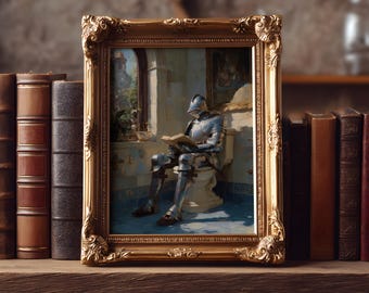 Medieval Knight reading on Toilet painting:  Bathroom decor