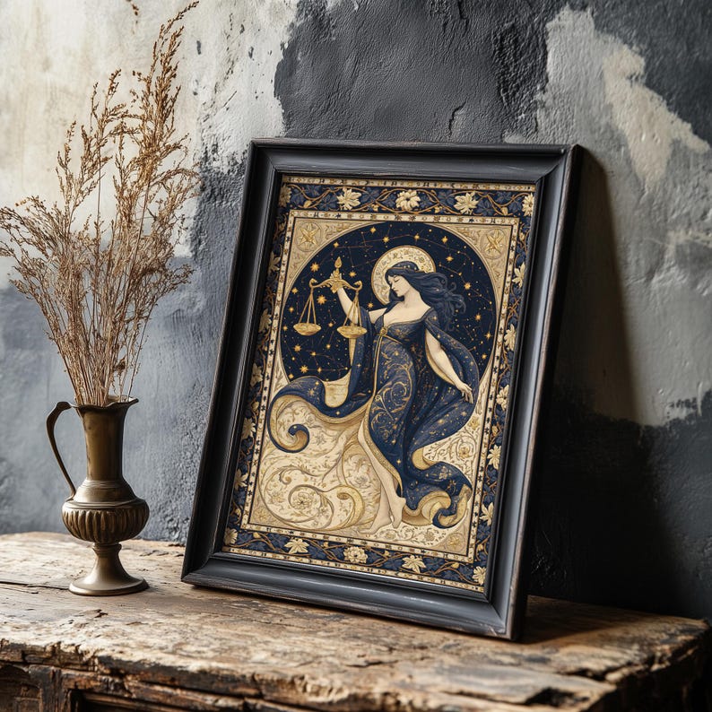 May include: Framed art print featuring a celestial illustration of the Libra zodiac sign. The artwork depicts a woman holding scales, set against a starry night sky and ornate gold and blue details. The frame is black.