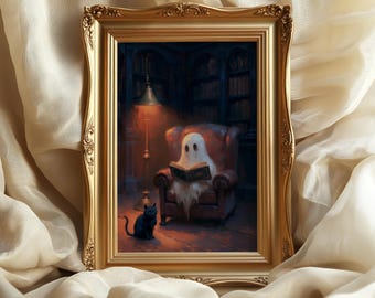 Cute Reading Ghost art print: Dark Academia Library Decor