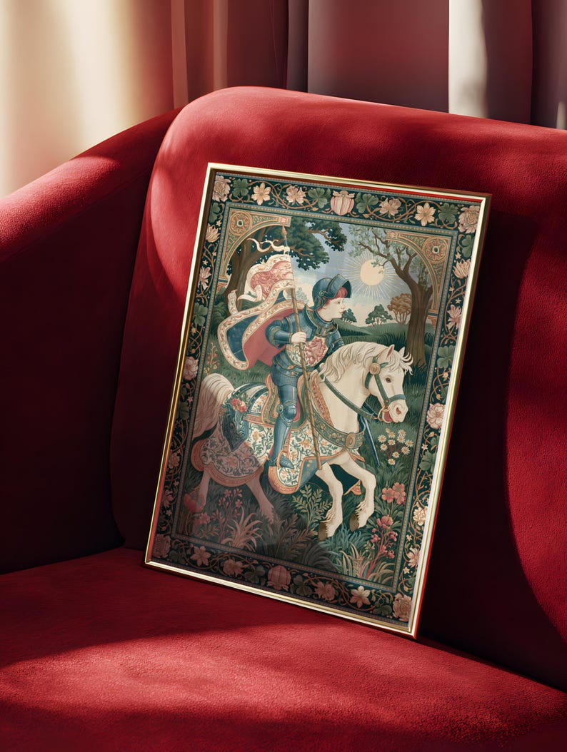 May include: Framed tapestry art featuring a knight on horseback in a medieval scene. The artwork has a gold frame and is set against a red velvet background. The tapestry depicts a knight in armor, a white horse, and a detailed floral border.