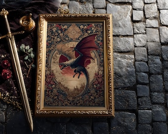 May include: A framed artwork with a gold-colored ornate frame. The artwork depicts a dragon with red wings soaring in front of a sunset, with a castle in the background. A sword and other decorative items are next to the frame.