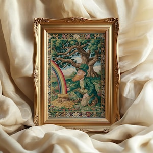 May include: A rectangular gold-toned ornate frame containing a detailed illustration of a leprechaun with a red beard and green clothing kneeling beside a pot of gold coins at the base of a rainbow in a grassy field with a large tree.