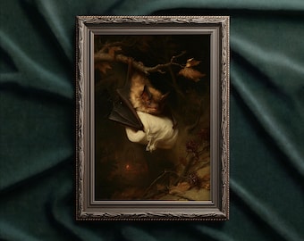 May include: A framed rectangular wall art piece featuring a dark, moody painting of a bat hanging from a tree branch while clutching a white cloth. The frame is dark brown with a textured, ornate border, surrounding the detailed nocturnal scene.