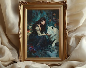 Woman and white wolf art print: book inspired decor