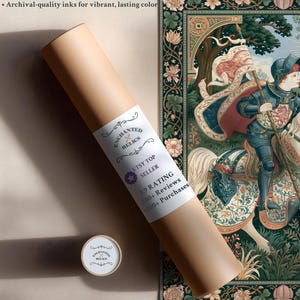 May include: A rolled print featuring a medieval illustration of a knight on horseback, with a decorative floral border. The print is packaged in a tan tube with the text "Enchanted Relics" and "Etsy Top Seller". The print is accompanied by a small, matching end cap.