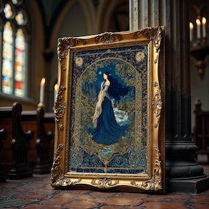 May include: An ornate gold-framed artwork depicting a woman in a blue gown by a stream under a starry sky. The artwork leans against a pillar in a church. The image has a vintage, fairytale aesthetic, with a detailed, decorative frame.