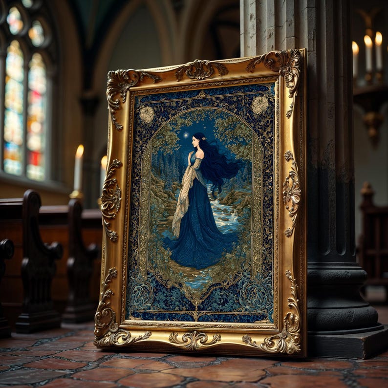May include: An ornate gold-framed artwork depicting a woman in a blue gown by a stream under a starry sky. The artwork leans against a pillar in a church. The image has a vintage, fairytale aesthetic, with a detailed, decorative frame.