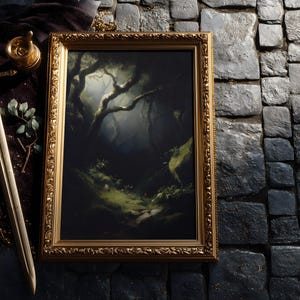May include: A framed landscape painting with a gold ornate frame depicts a dark forest scene. A decorative sword, a small golden container, and red roses are arranged on a dark cloth next to the painting. The background is a stone surface.