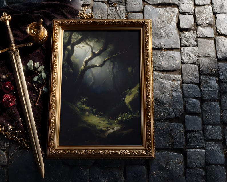 May include: A framed landscape painting with a gold ornate frame depicts a dark forest scene. A decorative sword, a small golden container, and red roses are arranged on a dark cloth next to the painting. The background is a stone surface.