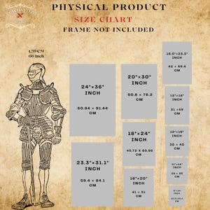 May include: A size chart for physical products, featuring dimensions in inches and centimeters. The chart includes sizes such as 24"x36" (60.94 x 91.44 cm) and 20"x30" (50.8 x 76.2 cm). An illustration of a knight in armor is on the left.