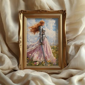 Lady Ritterin im Blumenfeld Kunstdruck, Dark Academia Wanddekoration, Mittelalterliche Wandkunst, Frau Ritterin Poster, Renaissance Ritterin Geschenk
