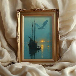 Dragon fantasy wall art, ship at sea poster, medieval harbor print, moody ocean scene, dark fantasy decor, epic painting