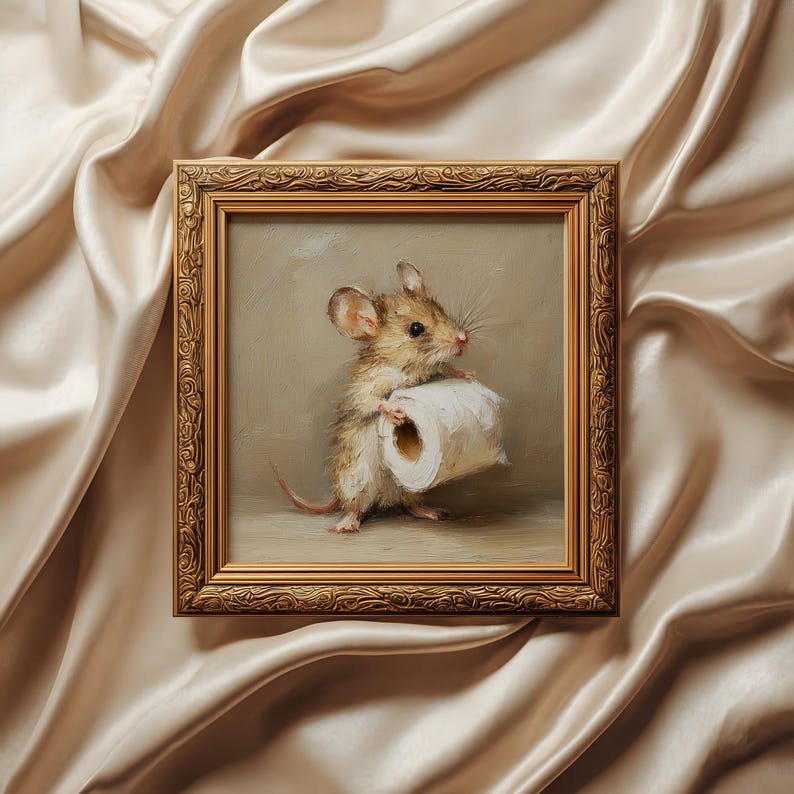 May include: A square oil painting in an ornate gold frame depicting a small brown mouse holding a white roll of toilet paper. The mouse has large ears, whiskers, and a long tail, standing on a neutral surface against a muted beige background.