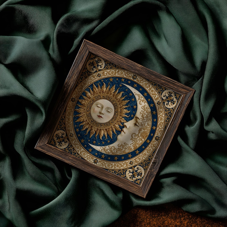 May include: A square wooden tray featuring a central circular illustration of a sun and a crescent moon with human faces. The design incorporates gold, blue, and cream colors with intricate filigree patterns and small stars on a dark blue background.