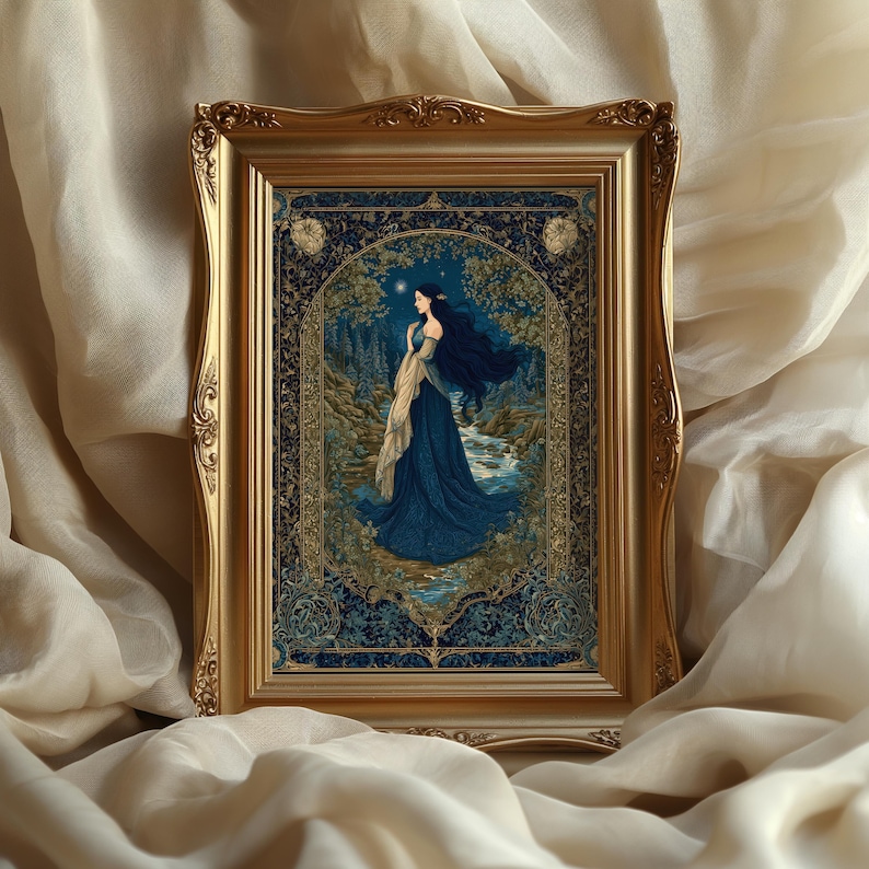 May include: A framed art print depicting a woman in a blue gown by a river in a forest. The artwork has a vintage style with gold detailing and a decorative border. The frame is gold-coloured.