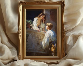 Può includere: Dipinto incorniciato con una cornice dorata e ornata. L'opera raffigura una scena romantica di un uomo e una donna su un balcone. La donna è appoggiata al balcone e l'uomo la guarda. Il dipinto è in stile classico.