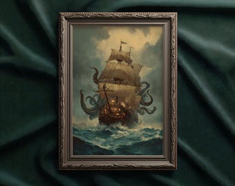 Kraken and Pirate Ship Poster: Nautical Fantasy Ocean decor