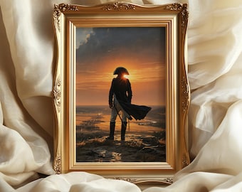 May include: A framed print featuring a figure in a military-style coat and bicorne hat standing on a cliff overlooking a river valley at sunset. The artwork is encased in an ornate, metallic gold-colored frame with intricate embossed detailing.