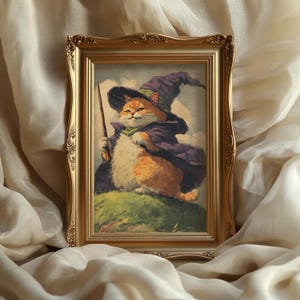 Wizard Cat Meme Poster Funny Magic Cat Wall Art Vintage Halloween Decor Witchcore Gift for Cat Lovers Enchanted Animal Print