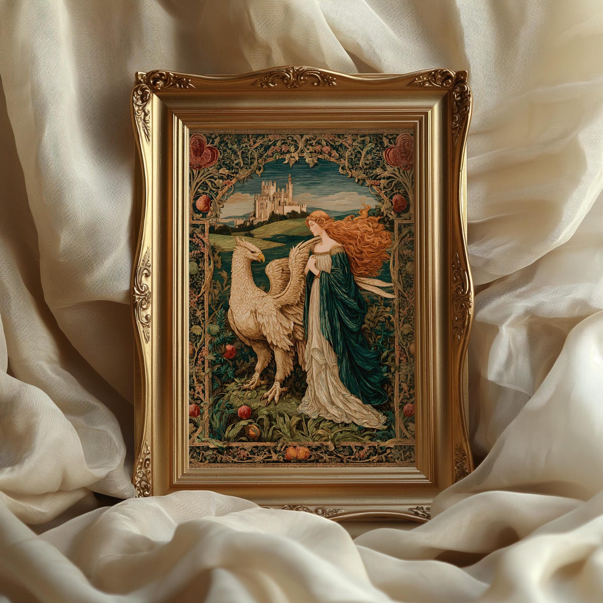 Medieval Tapestry Griffin Art Print: Renaissance Lady Poster, Vintage Home Art
