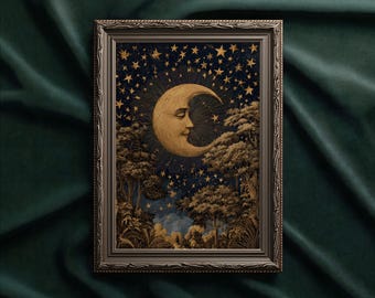 Celestial Moon Stars Art Print: Vintage Witch Wall Decor