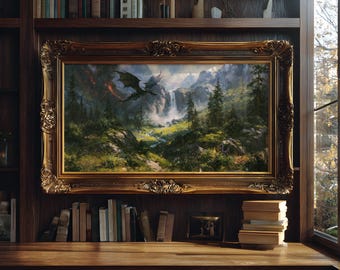 May include: A rectangular landscape painting in an ornate gold frame depicting a green dragon flying over a lush mountain valley with a waterfall, pine trees, and rocky terrain. The artwork is displayed on a dark wood wall.