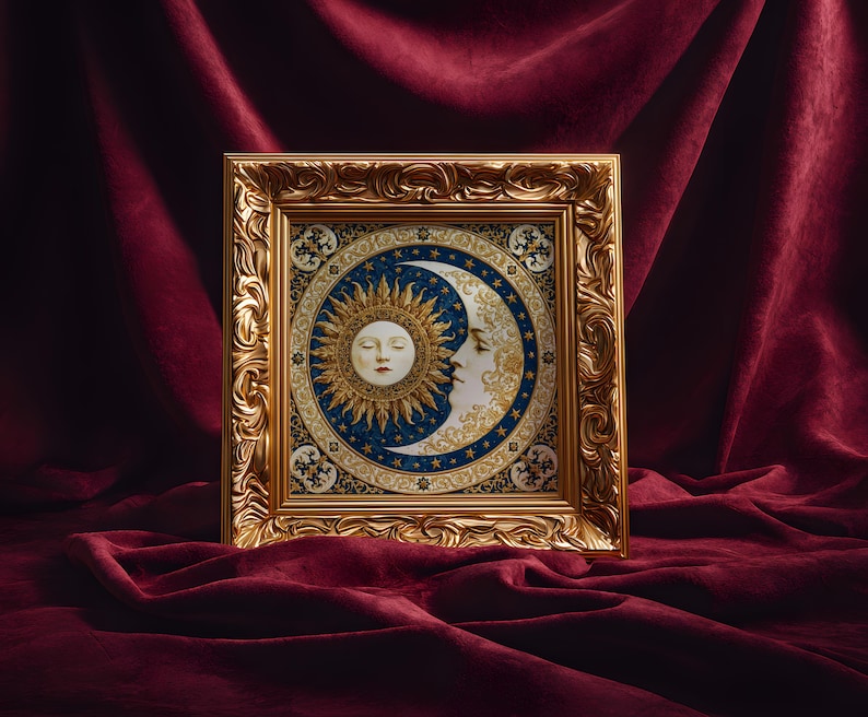 May include: A square wall art piece in an ornate gold frame featuring a circular illustration of a sun and moon face. The artwork displays a golden sun with rays and a white crescent moon against a deep blue background filled with gold stars.