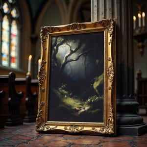 May include: A framed painting with a gold ornate frame depicting a dark forest scene. The artwork features a path leading into the woods, with trees and foliage in shades of green and brown. The painting is leaning against a pillar.