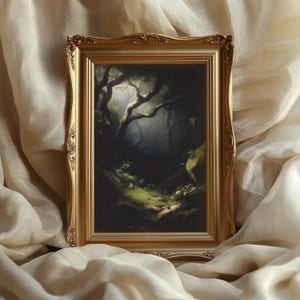 May include: A framed landscape painting of a dark forest scene. The artwork features a path leading into a shadowy forest with trees and green foliage. The ornate gold frame adds a classic touch to the artwork.