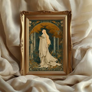 May include: A framed art print featuring a woman in a flowing white gown, set against a backdrop of a forest with golden foliage. The ornate gold frame enhances the artwork's vintage aesthetic.