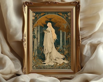 Puede incluir: Impresión artística enmarcada que representa a una mujer con un vestido blanco en un bosque con follaje dorado. El marco dorado ornamentado realza la estética vintage de la obra.