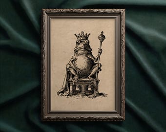 Crowned Frog King art print: Funny Medieval Woodcut Engraving