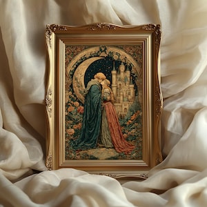 Mittelalterlicher Tapisserie Kunstdruck romantisches Wanddekor Vintage Schloss Liebespaar Liebespaar Renaissance Wandkunst Ritterin und Dame Illustration