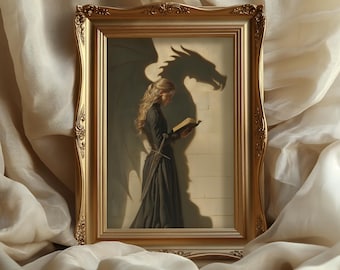 Woman Reading art print: Dragon Shadow Fantasy